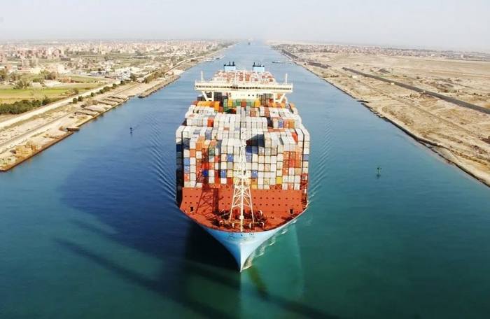 Cargo ship transiting the Suez Canal